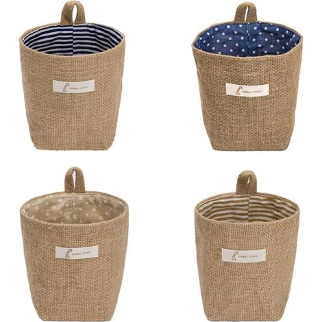 Paniers suspendus en coton et lin, rangement mural pliable 4 pièces pour fruits et légumes. (1/5)