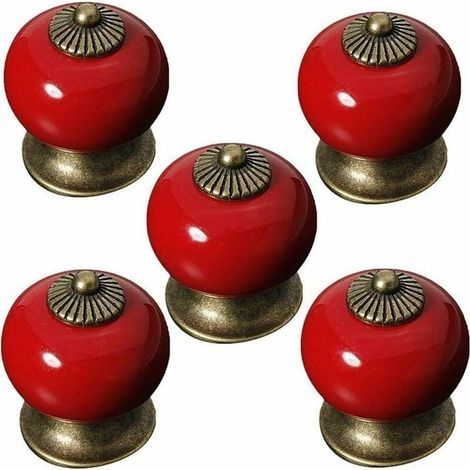5pcs (rouge) Bouton rond en céramique pour porte d'armoire, tiroir, armoire, armoire, style rustique (1/5)