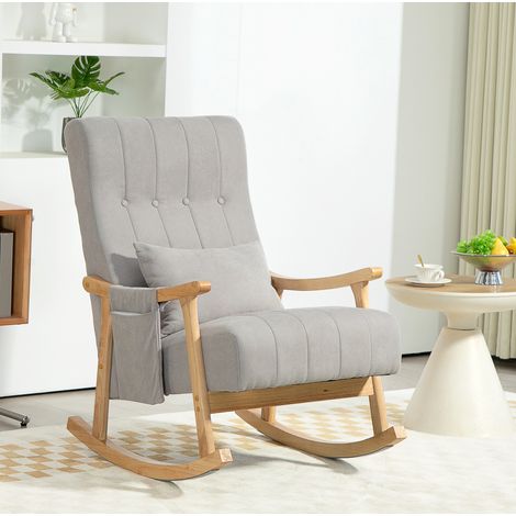 Sillón mecedora 65x90x98 cm gris en poliéster con cojín lumbar y bolsillos laterales (1/4)