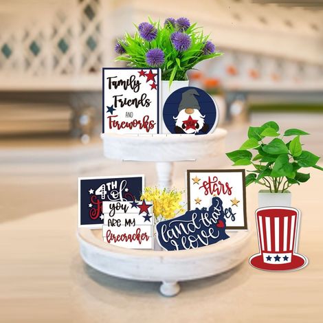 Plateau Empilable En Bois - Décor Patriotique Pour Cuisine Et Table - Centre De Table 4 Juillet - Lot De 8 Pièces (1/5)