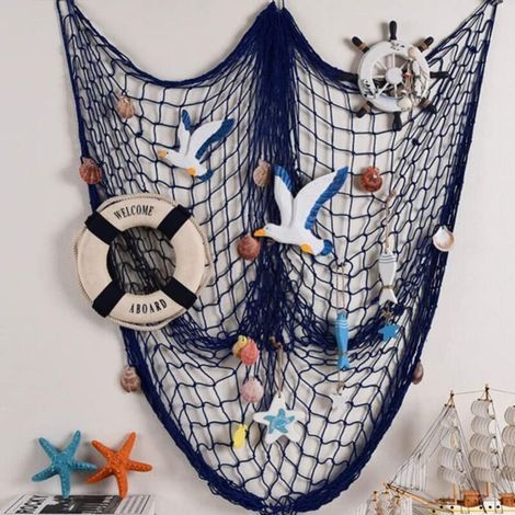 Filet de pêche en corde de chanvre méditerranéenne - Décoration murale - 1 x 2 m - Bleu avec coquillages (1/5)