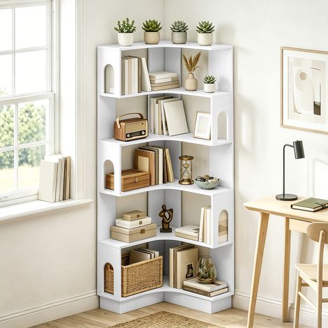 Bibliothèque d'angle. étagère de rangement à 6 niveaux avec panneaux latéraux arqués. 60 x 60 x 165.5 cm. blanc