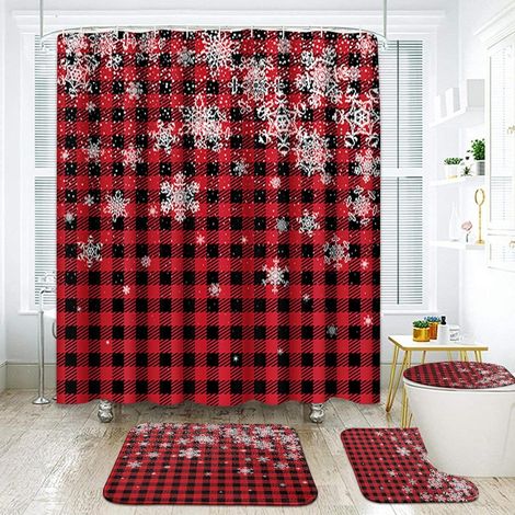 Set De Salle De Bain - Rideau De Douche 180 X 180 Cm - Tapis De Salle De Bain 40 X 60 Cm - Couvre-Wc Ovales Et Tapis En Forme De U - 4 Pièces (1/5)