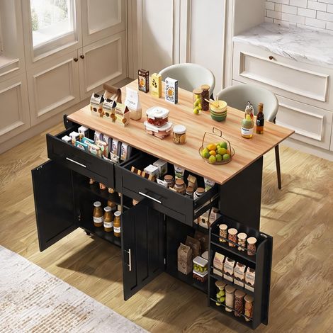 Chariot de cuisine roulant avec table pliante et rangements noir (1/5)