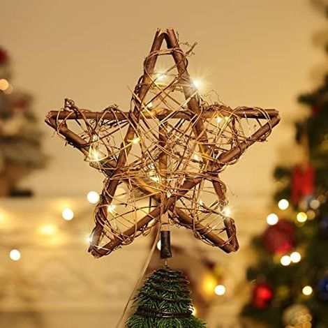 Un sapin de Noël en forme d'étoile, un sapin de Noël décoratif à LED avec des vignes vintage, une lampe à LED avec une base en spirale, alimenté par une batterie décorative intérieure, couronne, brun (1/2)