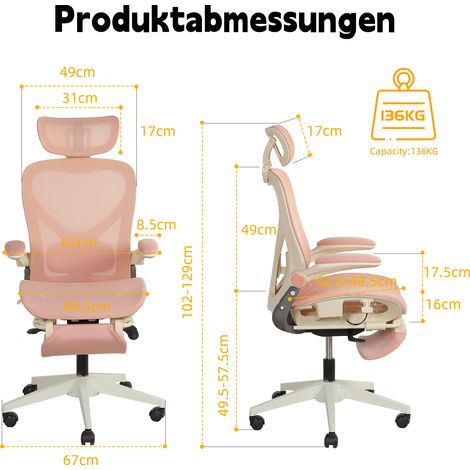 Chaise de bureau ergonomique pliable, compacte et dotée d'un soutien lombaire, d'un coussin coulissant en maille, d'accoudoirs rabattables, d'un appui-tête 3D et de pédales de travail, rose. (1/5)