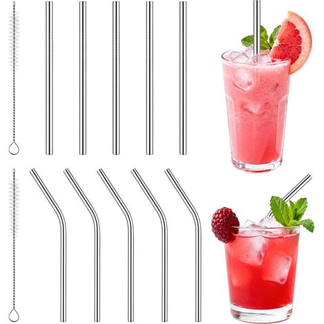 10 pajitas de acero inoxidable, pajita metálica corta, pajita metálica reutilizable, pajitas curvas de acero inoxidable con cepillo para zumos y bebidas. (1/5)