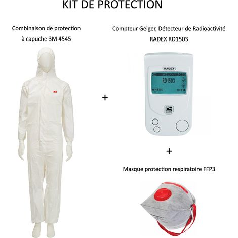 PACK Compteur Geiger Détecteur de Radioactivité Nucléaire RADEX RD1503 + Vêtements de protection à capuche Combinaison 3M 4545 Taille 2XL + Masque FFP3
