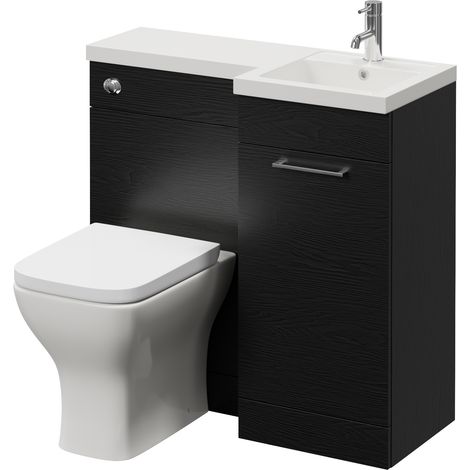 Napoli 390 Nero Oak 900mm Single Door Vanity Unit Toilet Suite with Right Hand Square Lucia Basin - 900mm - Chrome 160mm HandleWith Kingston Toilet Pan and Seat