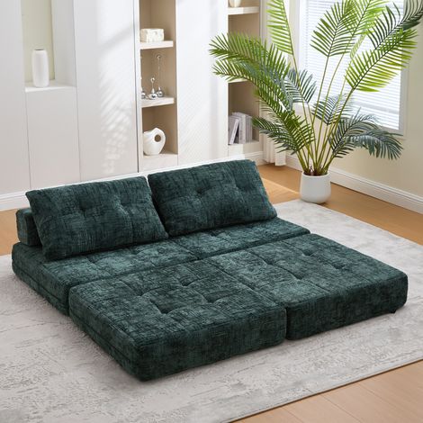 Divano Letto Pieghevole con Schienale e Cuscini per Testa e Zona Lombare, Salvaspazio, Ciniglia Verde Smeraldo