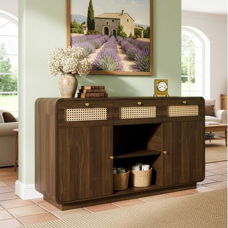Credenza 120x40x85 cm in rattan e MDF con 3 cassetti, 2 ante, ripiano aperto, ripiani regolabili e maniglie dorate, noce (1/5)