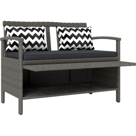 Gartenbank für 2 Personen mit 160-Liter-Staufach aus grauem PE-Rattan, 112 x 62 x 82 cm, inklusive Kissen und 2 weiteren Kissen