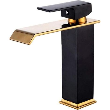 Robinet de lavabo monotrou, or noir mat, robinet d'eau chaude et froide en laiton massif pour évier de salle de bain (1/4)