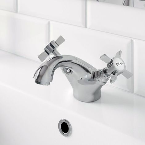 Traditional Bathroom Mono Basin Sink Mixer Tap Brass Chrome Crosshead Handles (1/6)