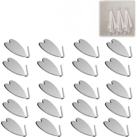 Paquete de 20 ganchos de pared multiusos adhesivos sin clavos con forma de corazón de acero inoxidable (1/5)