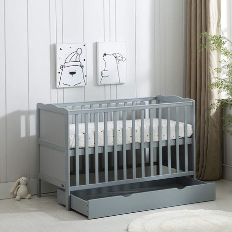 Wooden Baby Cot Bed & Drawer & Aloe Vera Mattress (Orlando with Drawer) GREY (1/5)