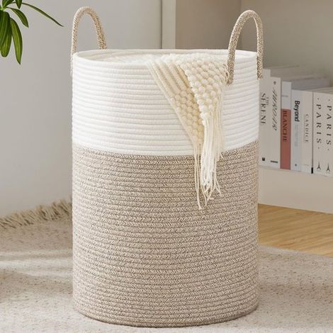 Cesto de ropa, cesta de ropa tejida, cesta para guardar juguetes, con asa, hecha a mano, de algodón, blanca y marrón (1/4)