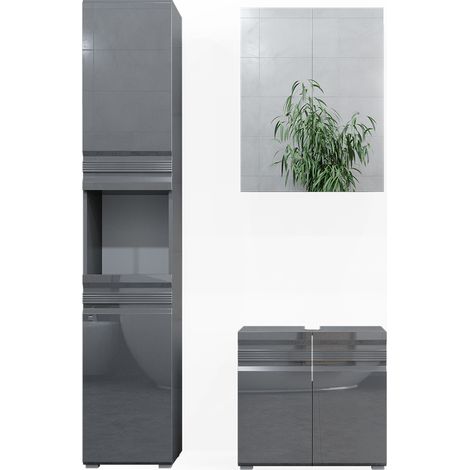 Conjunto de muebles de baño Fredd, Antracita alto brillo, 3 partes, con mueble alto, Vicco