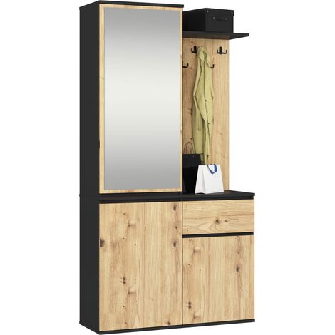 Akord – Ensemble de meubles d'entrée noir et chêne artisan – Armoire avec miroir 95 cm – 3 portes, 1 tiroir, 7 étagères – Dimensions 95x35x183 cm (1/5)