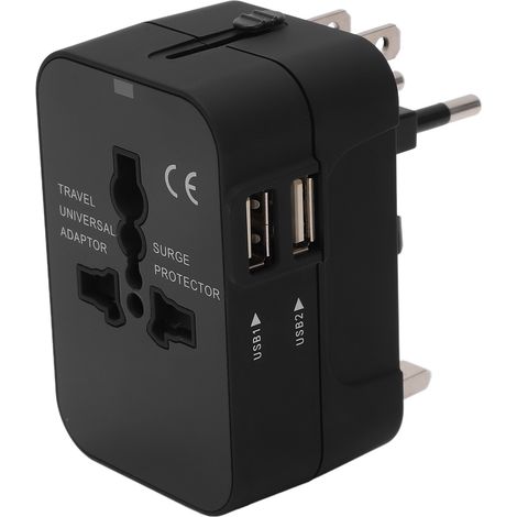 Adaptateur universel multiprise USB EU US UK AU 100-240VAC noir, convertisseur secteur multifonction avec ports USB. (1/5)