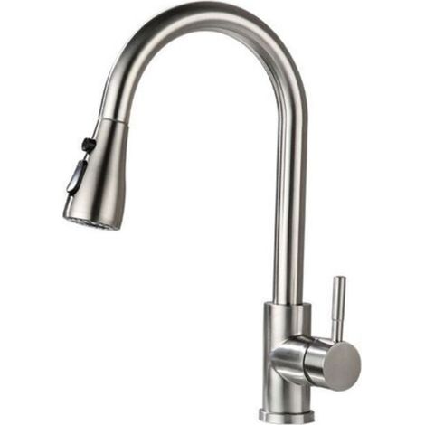 Robinet de cuisine avec bec extractible, mitigeur de cuisine en acier inoxydable, robinet de cuisine pivotant à 360°, finition brossée, 3 réglages de débit. (1/5)