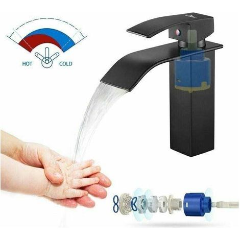 Mitigeur Cascade Noir Moderne pour Lavabo - Robinet de Salle de Bain Auralum - Convient pour les Lavabos encastrés (1/4)