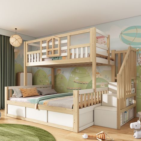 Letto a castello a casetta per bambini, 90x200 e 140x200 cm, con scala contenitore e vano contenitore a sollevamento idraulico, bianco e rovere (1/5)