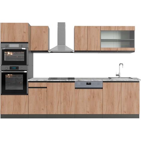 Cucina componibile R-Line, Quercia dorata/antracite, 300 cm con armadio alto, PL Marmo, Vicco