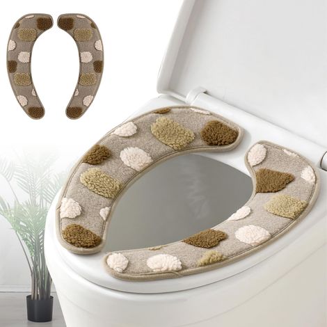 Housse de siège de toilette épaisse et chaude - Coussin lavable et avec dos adhésif TPR et motif décoratif pour plus de confort et d'isolation (marron) (1/5)