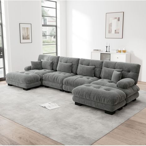Canape dangle modulable gris en chenille avec ottoman OKMYHOME (1/5)