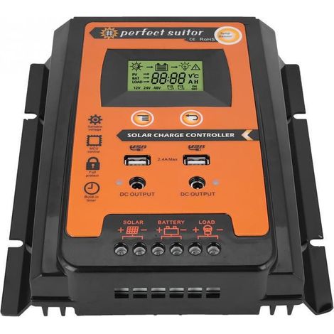 MPTT 12V/24V Solarladeregler, Dual-USB-Solarpanel-Batterieregler, LCD-Display, 50A Panelstromregler, Schwarz/Orange (1/5)