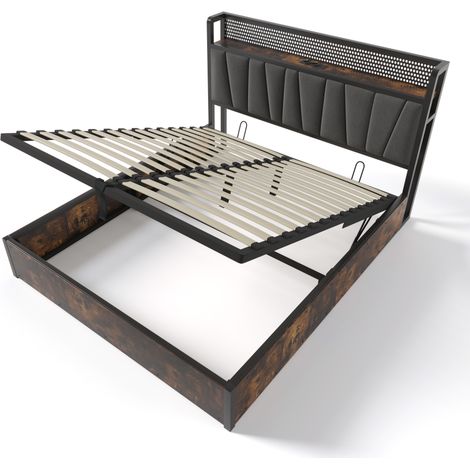 Lit rembourré en métal LED avec contrôle par application, lit double avec fonction de charge USB, tête de lit et éclairage LED, lit en métal 180x200 cm avec sommier à lattes en bois, gris (sans matela (1/5)