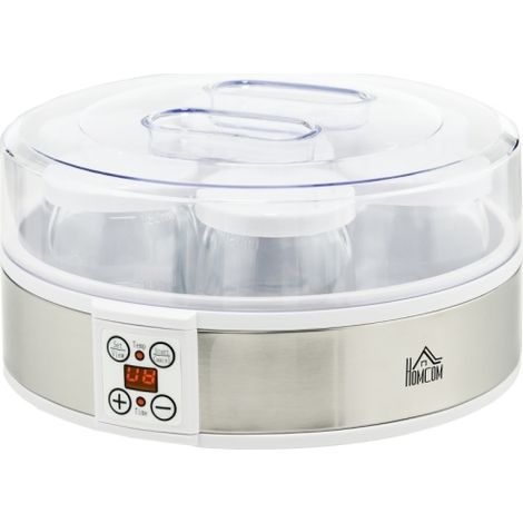 Yogurtiera, 7 vasetti inclusi, acciaio inox, 24 cm x 24 cm x 13 cm, argento + bianco, disponibile in loco. (1/5)