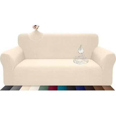 Housse de canapé extensible, imperméable et résistante aux griffures pour canapé 3 places Motif élégant Avec bâtonnets de mousse antidérapante (canapé 3 places, beige) (1/5)