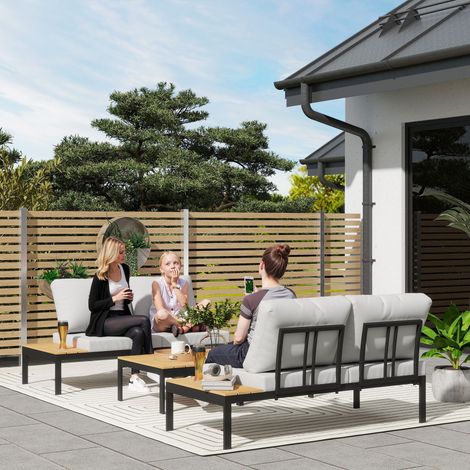 Ensemble jardin 4 pièces 2 canapés 2 places 2 tables basses en métal bois composite teck - Couleur: Noir, Gris