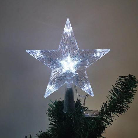 Adorno para árbol de Navidad con 10 LED - Funciona con pilas - 16 x 16 cm - Pentagrama luminoso - Estrella para árbol de Navidad - Punta para árbol de Navidad (luz blanca, 16 x 16 cm) (1/5)