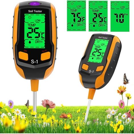 Boden-pH-Tester, 4-in-1-Feuchtigkeitsmesser für Zimmerpflanzen, Pflanzenwassertester, misst Boden-pH-Wert, Luftfeuchtigkeit, Licht und Temperatur, für Gärten und Topfpflanzen (1/4)