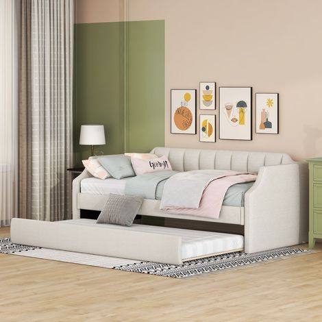 Lit gigogne 90x200 cm avec lit d'appoint 90x190 cm, banquette rembourrée beige, tissu lin, roulettes, sans matelas (1/5)