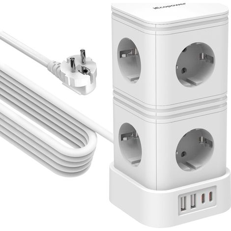 Tour Multiprise avec Interrupteur,PD20W USB multiprise(2 USB-C Ports et 2 USB-A Ports),Multiprise parafoudre,4000W/16A,1050 J, rallonge Electrique 5m, Blanc (1/5)