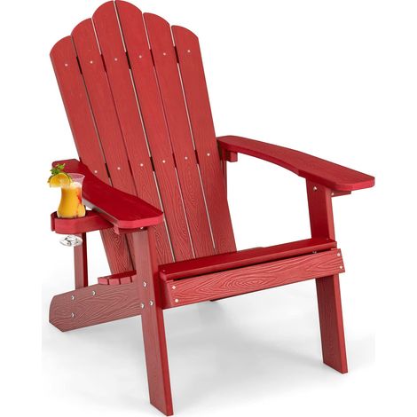 COSTWAY Sedia da Giardino Adirondack in HIPS, Sedia Adirondack con Portabicchieri, Poltrona da Esterno Resistente, per Giardino, Balcone, Piscina, Portata 150 kg (Rosso) (1/5)