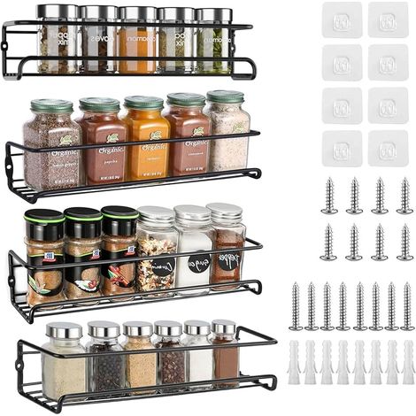 4 Pièces Etagere Epices Murale avec Autocollants et Vis, Rangement Epices Cuisine, Étagères Épices Murales Sans Perçage, Porte Épices Métal pour Salle Bain, Placard Intérieur, Garde Manger (Noir) (1/5)