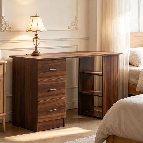 Bureau d'ordinateur fonctionnel – Plateau spacieux – 3 étagères et 3 tiroirs modulables à gauche ou droite – Structure robuste en MDF – 120 × 49 × 72 cm – Noyer (1/5)