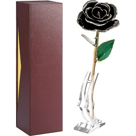 Rose rouge à longue tige, bordure en or 24 carats, présentée dans un coffret cadeau doré avec support (rose noire avec support) (1/5)