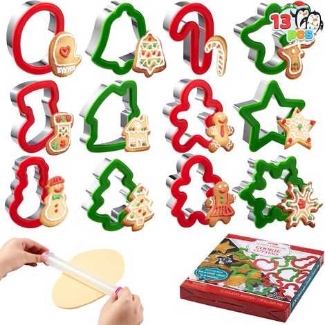 13 emporte-pièces de Noël en acier inoxydable avec une poignée anti-glisse et un rouleau à pâtisserie, accessoire de cuisine pour fêtes de Noël, moule pour biscuits flocons de neige, pain d'épices et (1/5)