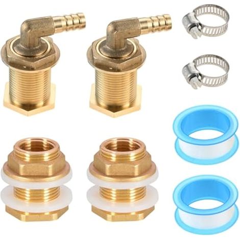 Lot de 2 raccords de réservoir d'eau de pluie en laiton, filetage extérieur 3/4" filetage intérieur 1/2" en laiton, raccord de réservoir, raccord de tuyau de robinet, avec 304 colliers de