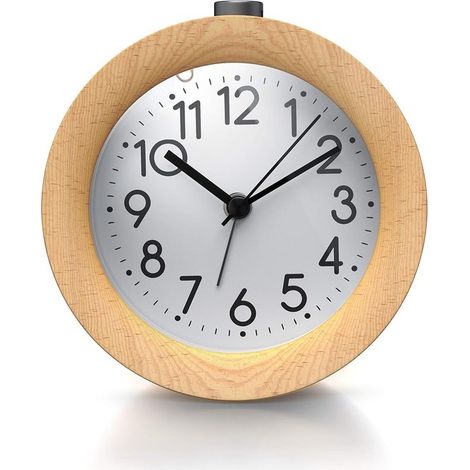 Longziming - Réveil analogique sans tic-tac – Design rétro rond en bois – Cadran lumineux avec veilleuse – Fonction snooze et alarme puissante – Réveil portable, fonctionne sur piles (lumière) (1/5)