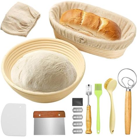 Set di cestini per la lievitazione del pane Set di lievito per la panificazione Include un cestino rotondo per la lievitazione (23 cm) e un cestino ovale per la lievitazione (25 cm), una frusta, un tè (1/5)