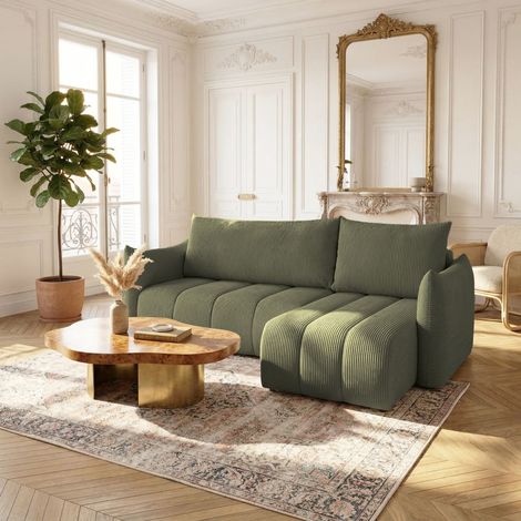 Ecksofa Schlafsofa ONTARIO XS in Stoff Poso Olivgrün Ottomane Rechts