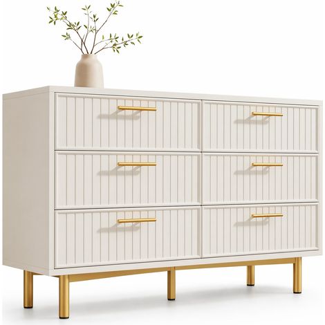 Commode 6 tiroirs moderne blanche à façade rainurée, pieds métal doré réglables et grande capacité de rangement pour chambre, salon ou entrée - CHICFURN (1/5)