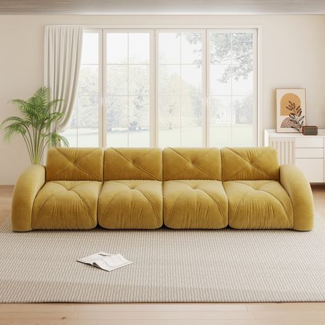 Canapé modulable 4 places sans cadre, tissu chenille doux, style antidérapant, parfait pour séjour, livré prêt à l'emploi, couleur jaune vif (1/5)
